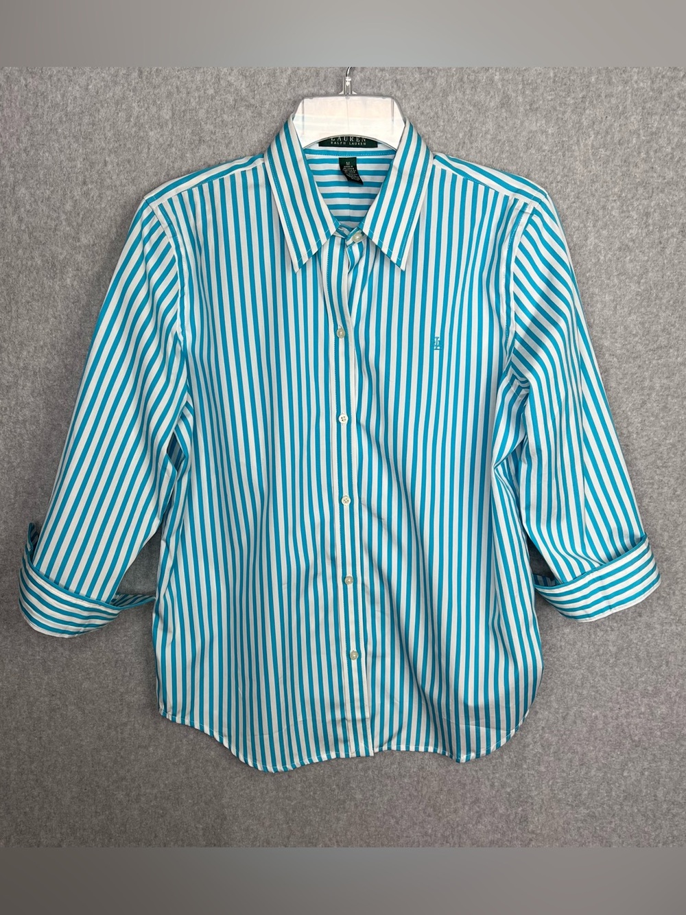 Lauren Ralph Lauren Womens Med Striped Turquoise White Button Down Shirt Coastal